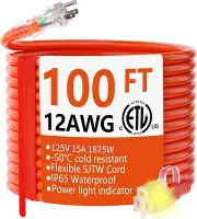 Heavy Duty 12AWG 100ft Outdoor Extension Cord with Lighted End & Safety Features