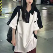 Elbow-Sleeve Collar Lettering Star Print Oversized T-Shirt White - M (1)