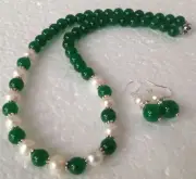 Natural white shell Pearl/Green Jade Necklace Earrings set Charm Craft Gemstone