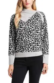 $69 Women's Leopard Jacquard Print Fold Over Neck Long Sleeve Top Size Small