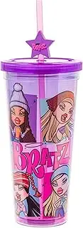 Silver Buffalo MGA Bratz Plastic Cold Cup with Lid and Bratz Logo Straw Topper Featuring Cloe, Yasmin, Jade, and Sasha, 24 Ounces