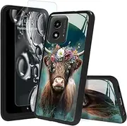 ACWDMKH for Moto G 5G 2024 Case,for Motorola Moto G 5G 2024 case with Screen Protector & Tempered Glass Back & Shockproof TPU Bumper Scratch-Resistant Heavy Duty Cover,Cute Highland Cow