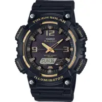 在飛比找momo購物網優惠-【CASIO】環保太陽能數字雙顯設計腕錶-黑金(AQ-S81