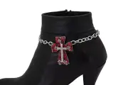 Women Silver Metal Chain Western Fashion Boot Bracelet Shoe Big Red Cross Charm