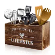 Catzon 3 Compartments Utensil Holder Wooden for Countertop Storage-Brown