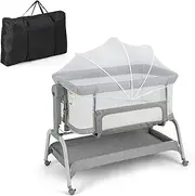 BABY JOY 4 in 1 Baby Bassinet with Mattress, Baby Bedside Sleeper w/Rocking Mode, 6 Adjustable Height, Mosquito Net & Lockable Wheels, Portable Baby Cradle Travel Crib w/Carry Bag (Light Grey)