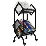 Bookshelf Book Rack Industrial Metal Bookcase 2 Tier Holder with Wheels