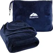 BlueHills Premium Soft Long Travel Blanket Pillow for Tall Airplane Flight Blanket Throw in Soft Bag case with Hand Luggage Belt & Backpack Clip Compact Pack Large Blanket Navy Blue T051