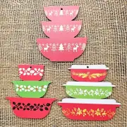 3 New Pyrex Wood Cutout 3 Bowl Stack Ornaments 4"x3.75" Red & Green