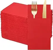 uxcell 50 Pcs Disposable Linen Feel Napkins with Built-in Flatware Pockets, Paper Dinner Napkins for Knife and Forks, Hand Towels for Wedding Party Red