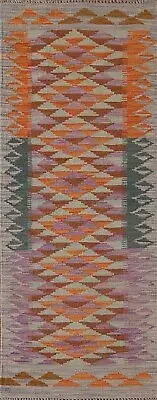 Flat Weave Geometric Kilim Reversible Rug Runner 2'x6' Nomad Wool Hallway Carpet