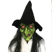 Halloween Witch Mask For Adults Realistic Scary Costumes Latex Face Mask, Black Hat Green Face Creepy Halloween Witch Headgear for Party and Cosplay