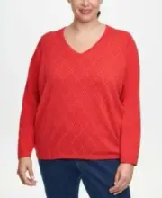 MSRP $70 Tommy Hilfiger Plus Size Ivy Cotton Argyle Sweater Red Size 3X