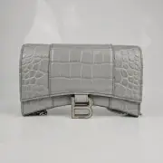 BALENCIAGA Hourglass Embossed Gray Leather Chain Wallet Bag New