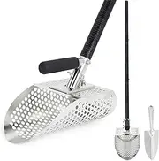 Sand Scoop for Metal Detecting, Metal Detector Scoop with Long Fiberglass Handle, Stainless Steel Metal Detector Shovel, Beach Scoop Sand Sifter, Metal Detector Accessories，Sand Flea Rake with Shovel