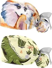 [YTYVAGT] 2-Pc,Nurse Scrub Caps,Scrub Hats with Buttons and Cotton Sweatband,Animal Dog Happy