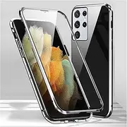 Magnetic Adsorption Metal Frame Case for Samsung Galaxy S23/S23 Ultra Front and Back Clear Tempered Glass Protection Magnetic Adsorption Flip Cover,Silver,for Samsung S23