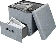 Stelive Folding Storage Ottoman, Cube Foldable Square Foot Rest Stools with Drawer, Blanket Box, Oxford Linen Footstool with Highly Elastic Sponge Filling - 40x40x40cm (Grey)