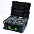 Black & Lime Green Pelican 1610 case with Grey Padded Dividers & mesh org.