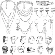 [Sanfenly] Vintage Chain Rings Layered Chain Necklace Set for Women Men Egirl Eboy Cool Goth Punk Stackable Adjustable Finger Rings Set Statement Pendant Choker Necklace Emo Y2K Jewelry