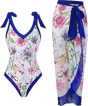[HUCHPI] Women One Piece Swimsuit Beach Cover Up Two Piece Swimsuit with Wrap Skirt Plus Size Vintage Bikini