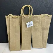 6 Burlap Jute Wine Bags Natural Rope Handle Laminated Inside Blank NEW