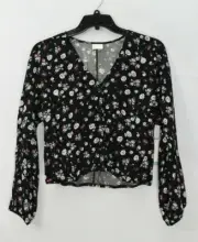 Abound Women's Floral Button Front V-Neck Cropped Top, Black, Size S, $30, NwT