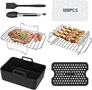Air Fryer Accessories for Ninja AF400UK & AF300UK & Tower T17088 Dual Zone Including Reusable Air Fryer Silicone Liners, Racks, Silicone Tongs, Paper Lining, Set of 7
