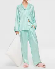 NEW PETER ALEXANDER AQUA STRIPE PENNY CHIC POLY SATIN PJ SET SMALL RRP$139 BOXED