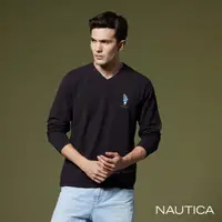 在飛比找momo購物網優惠-【NAUTICA】男裝 鯊魚圖騰刺繡V領長袖T恤(黑)