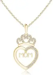 [Angara] Natural Diamond Studded Crown "MOM" Heart Pendant Necklace in 14ct Solid Gold for Women | April Birthstone Jewellery for Her