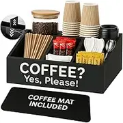 Barista Emperor Coffee Bar Organizer for Countertop + Coffee Mat - Coffee Station Organizer with Removable Drawers - Coffee Organizer Station for Cups up to 16oz - Coffee Bar Mat for Countertop