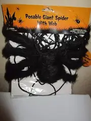 HALLOWEEN POSABLE GIANT FURRY SPIDER 24" WITH WEB 48" NIP