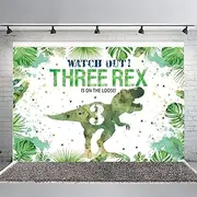 Hilioens 7×5ft Three-rex Birthday Backdrop for Boys Dinosaur 3rd Birthday Green Leaf Background 3 Years Old Dinosaur Theme Party Banner Decorations