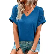 V Neck Button Sleeves T Shirt