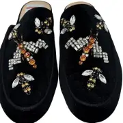 INC Black Bug Gannie 5 Velvet Rhinestone Dragonfly Bumblebee 8 Mules Flats READ