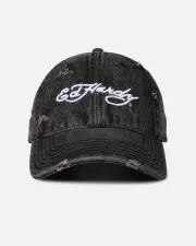 [ED HARDY] Ed Hardy Distressed Denim Strapback Cap Black Wash - Size ONE ONE Black Wash