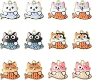 [KitBeads] 30pcs Enamel Cat Charms 6 Colours Animal Pet Charms Cute Cat with Fish Kitten Charms for Jewellery Making Bracelets Necklaces Earrings Bulk, Resin, No Gemstone