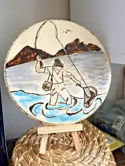 WOODBURNED "FLY FISHERMAN" PYROGRAPHY, WITH MATCHING STAND, GIFT