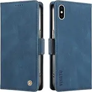 YBFJCE Case for iPhone X, PU Leather Shockproof Durable Phone Wallet Case Protective Flip Folio Cover, for iPhone Xs Cover with Card Holder, Blue