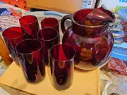 Vintage Royal Ruby Red Glass Ball Pitcher Anchor Hocking Set With 6 Glasses