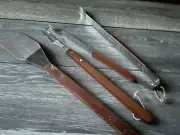 grilling tools set of three stainless steel wood handles NEW with DEFECT