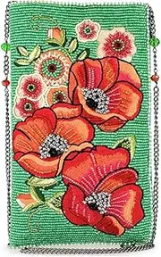 [MARY FRANCES] Poppy Field Beaded Crossbody Cell Phone Bag Clutch with Red Floral Embroidery and Removable Chain Strap, Green, Green