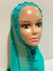 HIJAB- Headscarf - New--Long Wrap with Lace & Beads Soft Jersey- One Size