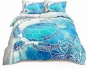 HOSIMA Sea Turtle Bedding ,Coastal Beach Themed Bedding Queen Size for Kids Teen Girls Boys Room Decor, Mandala Turtle Comforter Cover with 2 Pillowcases. Blue-d Queen 88/x 88/