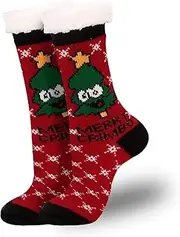 [JINBYJIN] Fuzzy Socks for Women Cute Cozy Christmas Slipper with Grips Winter Home Sleeping Sherpa Leg Warmer Xmas Cabin Socks, Tree