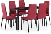 Seven Piece Dining Set Wine Red,7Piece Dining Table Set with Tempered Glass Top and Faux Leather Padded Dining Chairs in Wine Red Dining Furniture Sets