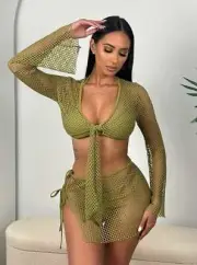 2 Pc. Sage Green Tulum Mesh Net Tie Front Top & Skirt Beach Cover-Up Set