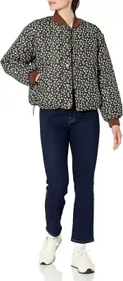 Amazon Womens Bomber Jacket, Padded, Cropped, Deep Brown, Graphic Floral Size M