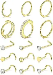 [Tomovely] 14K Gold Filled Nose Ring Studs 20G Nose Rings Hoops Stud Stainless Steel Nose Rings Round CZ Heart Simulated Diamond L Shaped Nose Stud Hypoallergenic Nostril Piercing Jewelry for Women Men 15Pcs